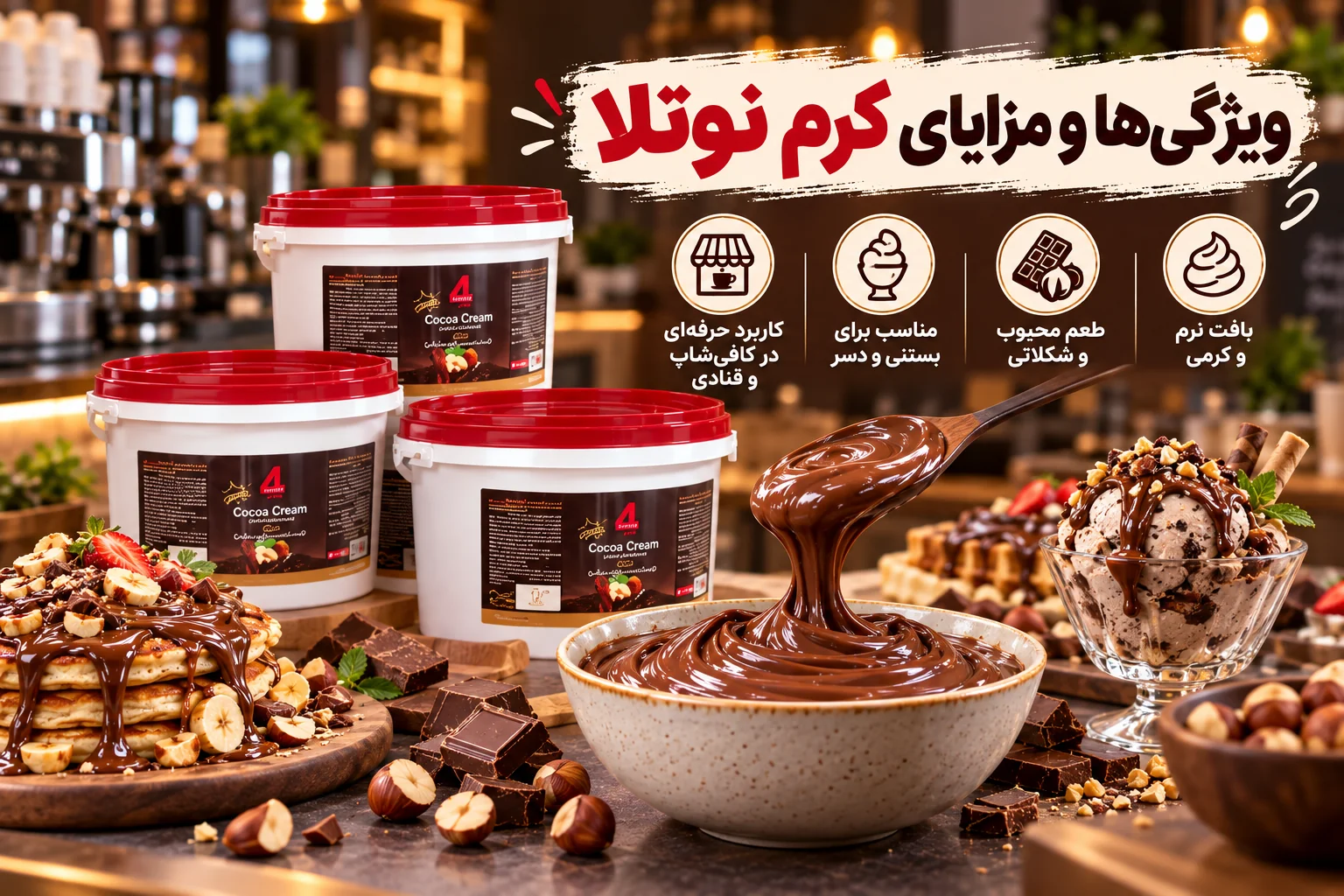 کاربردهای کرم نوتلا در تهیه وافل، بستنی، شیک و دسرهای کافی‌شاپی
