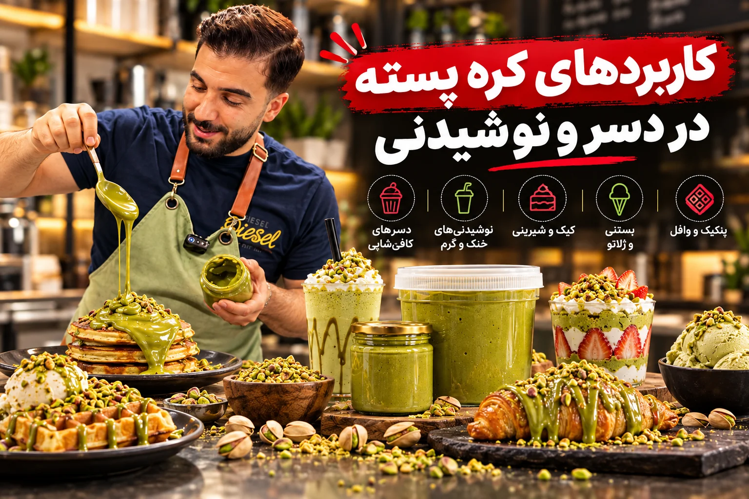 اینفوگرافیک کاربردهای کره پسته در تهیه بستنی، وافل و انواع دسر